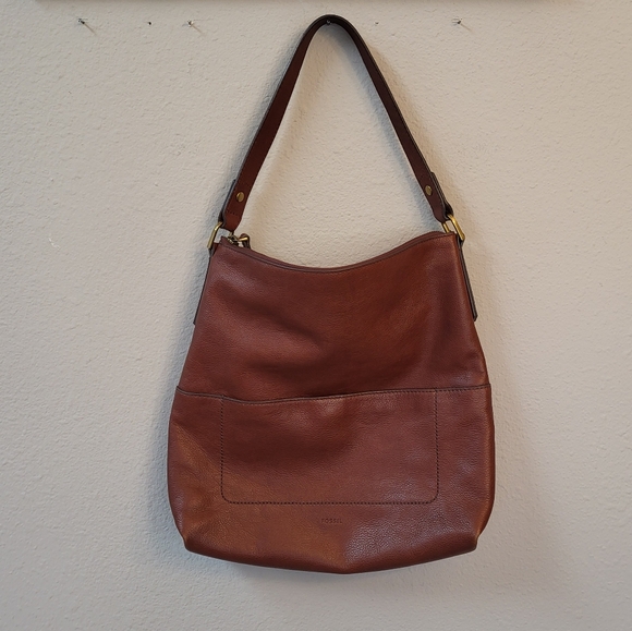 Fossil Leather Bucket Shoulder Bag Purse Medium Brown Zip Closure - Picture 3 of 15